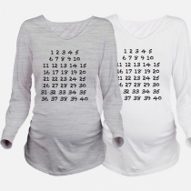 Fashion Number Printed Long Sleeve Round Neck Maternity T-shirt