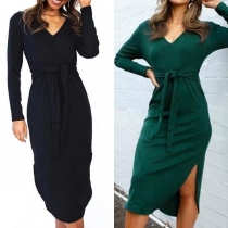 Sexy V-neck Slit Hem Long Sleeve Solid Color Dress