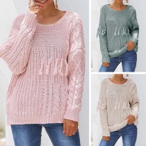 Fashion Solid Color Long Sleeve Round Neck Tassel Sweater 