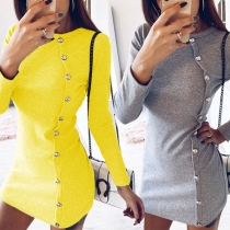 Fashion Long Sleeve Round Neck Front-button Slim Fit Dress