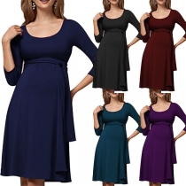 Fashion Solid Color 3/4 Sleeve Round Neck Breastfeeding Dress