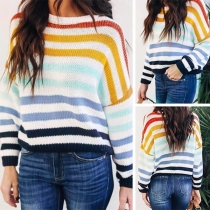 Fashion Long Sleeve Round Neck Colorful Striped Sweater