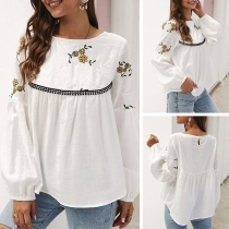Fashion Lantern Sleeve Round Neck Embroidered Top 