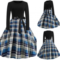 Retro Style Plaid Spliced Hem Long Sleeve Round Neck Dress