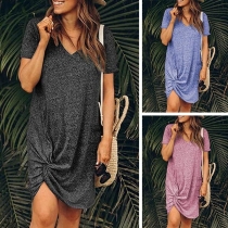 Fashion Short Sleeve V-neck Twisted Hem Dress