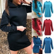Fashion Solid Color Long Sleeve Hooded Sweatshirt Dress
