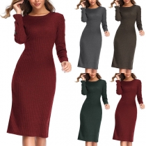 Fashion Solid Color Long Sleeve Round Neck Slim Fit Knit Dress
