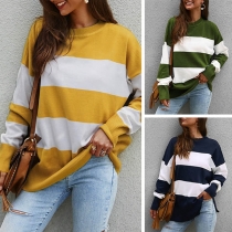 Fashion Long Sleeve Round Neck Slit Hem Contrast Color Knit Top 