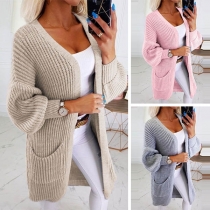 Fashion Solid Color Long Sleeve Front-pocket Knit Thin Cardigan