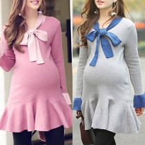 Sweet Style Long Sleeve Ruffle Hem Bow-knot Maternity Knit Dress