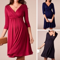 Sexy V-neck 3/4 Sleeve High Waist Solid Color Maternity Dress