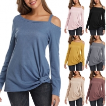 Sexy Off-shoulder Long Sleeve Twisted Hem Solid Color T-shirt 