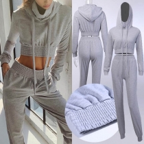 Sexy Long Sleeve Hooded Crop Top + Pants Two-piece Set