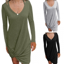 Fashion Solid Color Long Sleeve V-neck Twisted Hem Dress