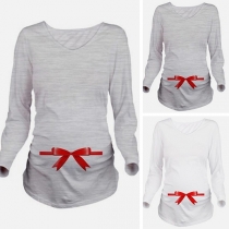 Sweet Bow-knot Printed Long Sleeve Round Neck Maternity T-shirt