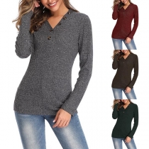 Fashion Solid Color Long Sleeve V-neck Knit Top 
