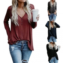 Fashion Solid Color Long Sleeve V-neck Slim Fit T-shirt
