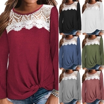 Fashion Long Sleeve Round Neck Knotted Hem Lace Spliced T-shirt