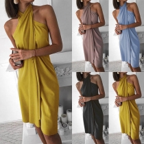 Sexy Off-shoulder Irregular Hem Solid Color Halter Dress