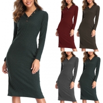 Fashion Solid Color Long Sleeve V-neck Slim Fit Knit Dress