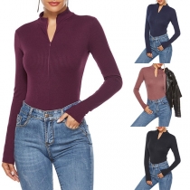 Sexy Solid Color Long Sleeve Stand Collar Knit Bodysuit