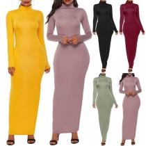 Fashion Solid Color Long Sleeve High Collar Slim Fit Maxi Dress