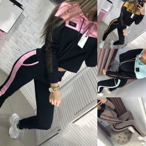 Fashion Contrast Color Gauze Spliced Long Sleeve Hoodie + Pants Sports Suit (It runs small)