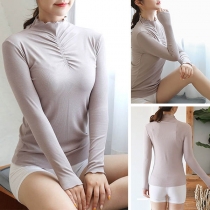 Fashion Solid Color Long Sleeve Mock Neck Thermal Underwear T-shirt 