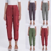 Fashion Solid Color Elastic Waist Side-pocket Casual Pants