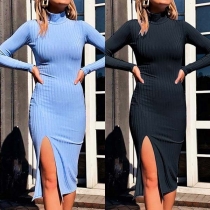 Sexy Slit Hem Long Sleeve Turtleneck Slim Fit Knit Dress