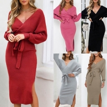 Sexy Backless V-neck Slit Hem Dolman Sleeve Solid Color Knit Dress