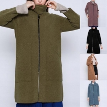 Elegant Solid Color Long Sleeve Woolen Coat