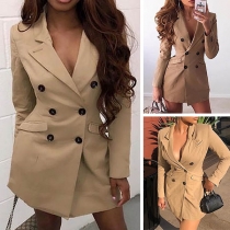 OL Style Long Sleeve Double-breasted Solid Color Blazer Coat