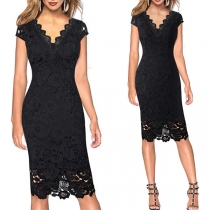 Sexy V-neck Short Sleeve Slim Fit Lace Spliced Dress