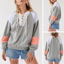 Fashion Contrast Color Long Sleeve Lace-up V-neck Sweatshirt