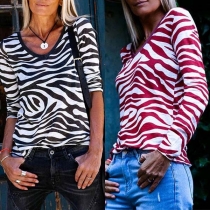 Fashion Long Sleeve V-neck Zebra-stripe Printed T-shirt