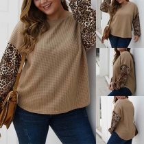 Fashion Leopard Spliced Long Sleeve Round Neck Plus-size Knit Top 