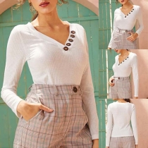 Sweet Style Button Accent V-neck Long Sleeve Knit Top