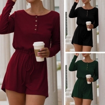 Fashion Solid Color Long Sleeve Round Neck Drawstring Waist Romper 