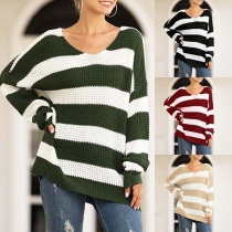 Causal Style V-neck Stripe Contrast Color Long Sleeve Sweater