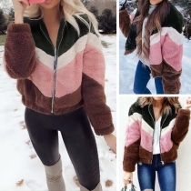Fashion Contrast Color Long Sleeve Stand Collar Plush Jacket