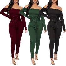 Sexy Off-shoulder Boat Neck Long Sleeve High Waist Solid Color Jumpsuit
