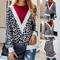 Fashion Contrast Color Round Neck Leopard Printed Sweatshirt