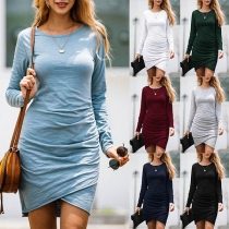 Fashion Solid Color Long Sleeve Round Neck Irregular Hem Slim Fit Dress