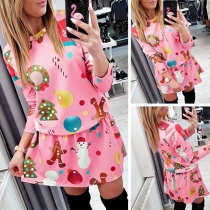 Fashion Colorful Printed Long Sleeve Round Neck Christmas Dress