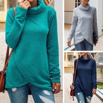 Fashion Solid Color Irregular Hem High Collar Sweatshirt 