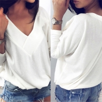 Fashion Solid Color Long Sleeve V-neck Loose T-shirt 