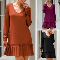 Sexy V-neck Ruffle Hem Long Sleeve Solid Color Dress