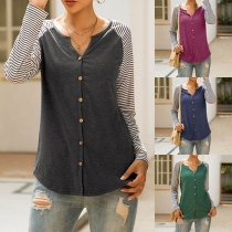 Fashion Striped Spliced Long Sleeve Single-breasted T-shirt 