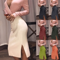 Fashion Solid Color High Waist Slit Hem Knit Midi Skirt